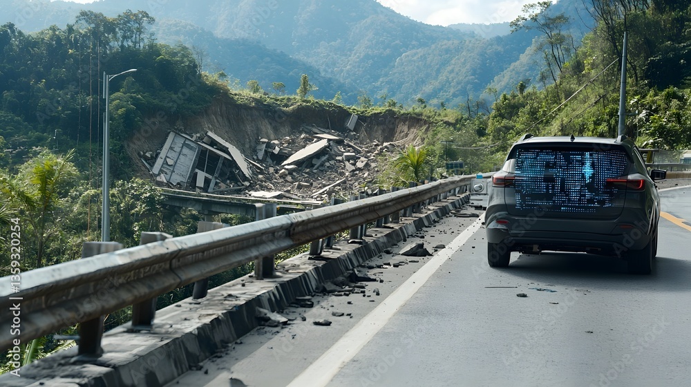 Fototapeta premium A section of a mountain road has been severely damaged with fallen debris and rubble blocking the passage likely due to a natural disaster such as a landslide or earthquake