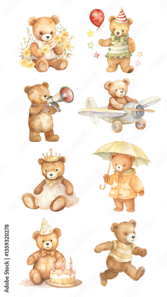 Fototapeta premium PNG watercolor teddy bear character element set, transparent background