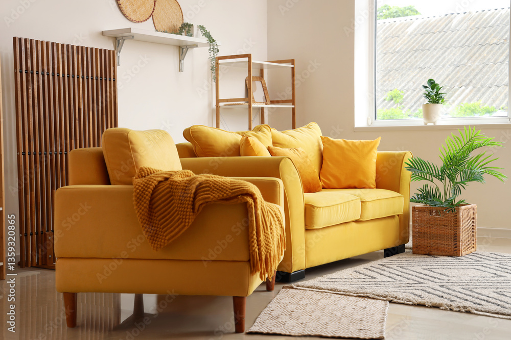 Fototapeta premium Comfortable sofa, armchair with plaid and houseplant in basket in living room