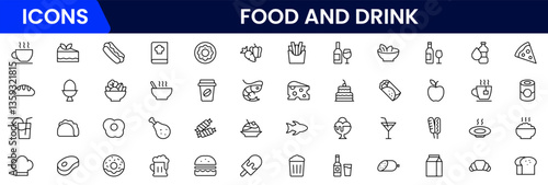 Food and drink web icons in line style. Meal, restaurant, dishes, fruits, fastfood, burger, pizza, coffee, sandwich, collection. Vector illustration.