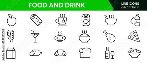 Food and drink web icons in line style. Meal, restaurant, dishes, fruits, fastfood, burger, pizza, coffee, sandwich, collection. Vector illustration.