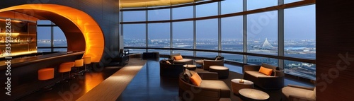 An upscale modern bar with beautiful city views for guests