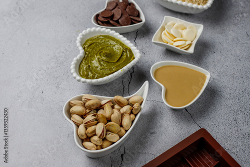 Trendy dubai chocolate ingredients for making dubai chocolate.