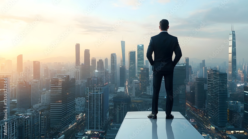 A successful business executive stands tall on a rooftop surveying the impressive skyline of a modern dynamic city filled with towering skyscrapers and a vibrant urban landscape A successful business executive stands tall on a rooftop surveying the impressive skyline of a modern dynamic city filled with towering skyscrapers and a vibrant urban landscape