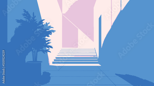 The image depicts a stylized, minimalist interior scene rendered in shades of blue and pink. The perspective is a hallway or corridor with a staircase leading upwards. A potted plant is positioned