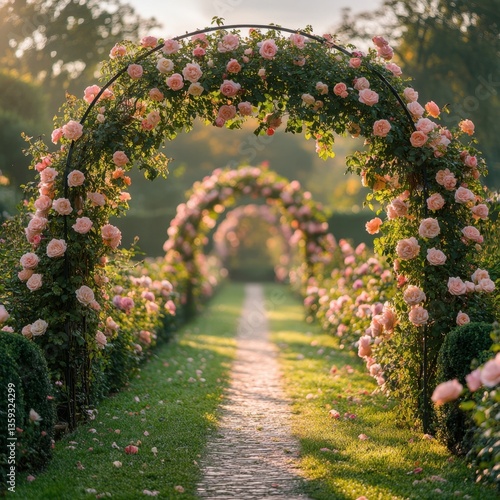 Fototapeta Naklejka Na Ścianę i Meble -  English rose garden in full bloom with symmetrical beds, boxwood hedges, and climbing roses on a central wrought-iron arch