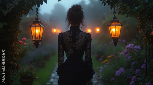 Victorian walled garden at dusk with lanterns among roses and lavender, woman in black dress walking beneath ivy-covered trellis

