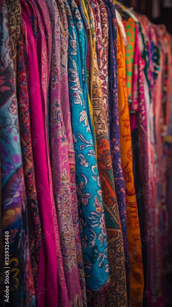 Vibrant colors of fabric draping elegantly on display. Each piece tells a unique story, showcasing intricate patterns and textures in a stunning arrangement. Generative AI Vibrant colors of fabric draping elegantly on display. Each piece tells a unique story, showcasing intricate patterns and textures in a stunning arrangement. Generative AI