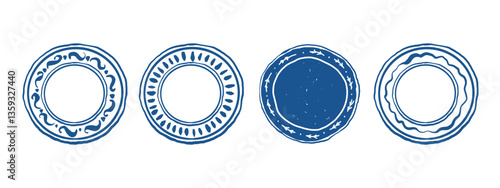 Set of hand drawn vector plates in blue. Whimsical retro style tableware illustration