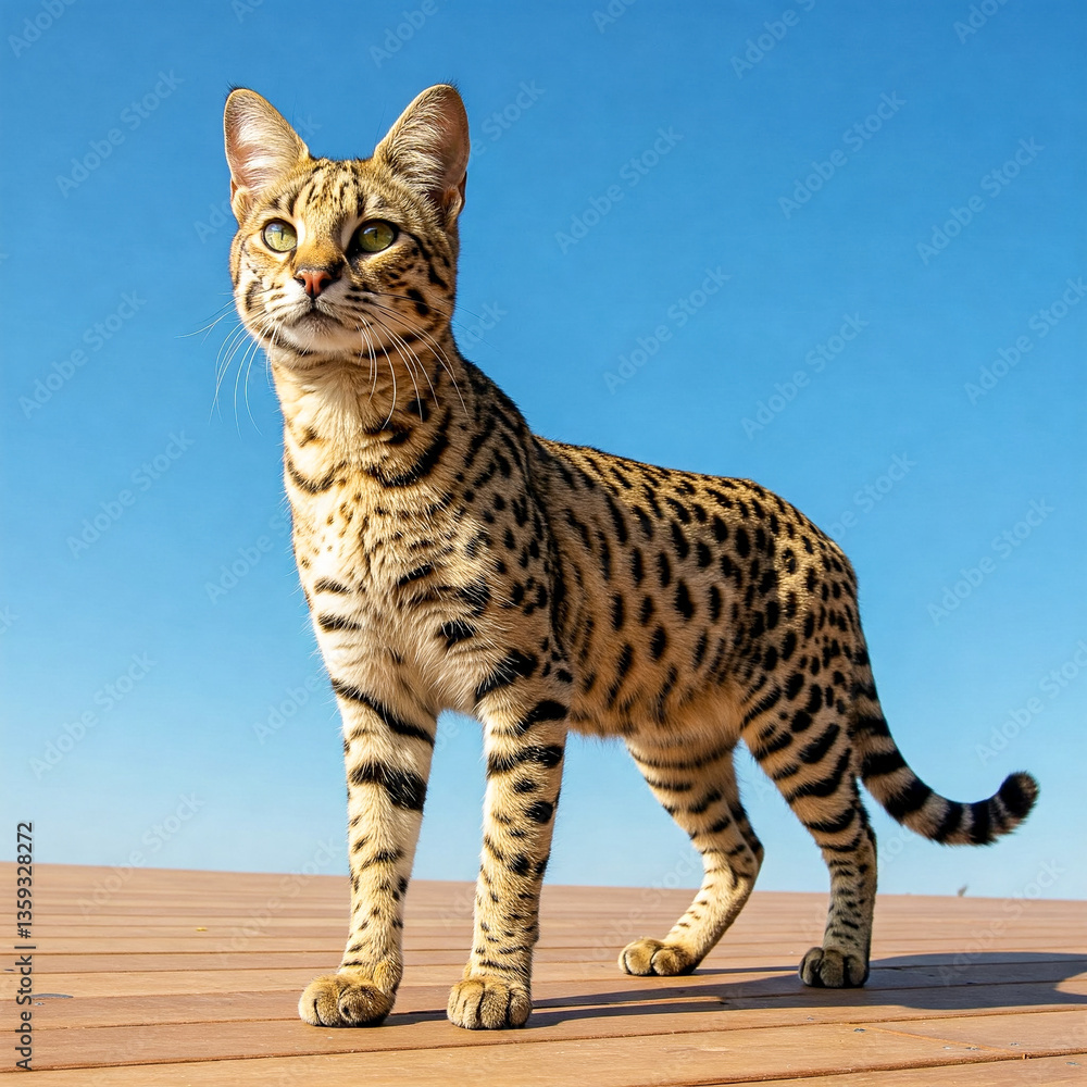 Ultra-high-resolution photograph capturing a Serengeti Cat's graceful stance on a sunlit wooden deck, highlighting its elegant spotted coat and golden eyes Ultra-high-resolution photograph capturing a Serengeti Cat's graceful stance on a sunlit wooden deck, highlighting its elegant spotted coat and golden eyes