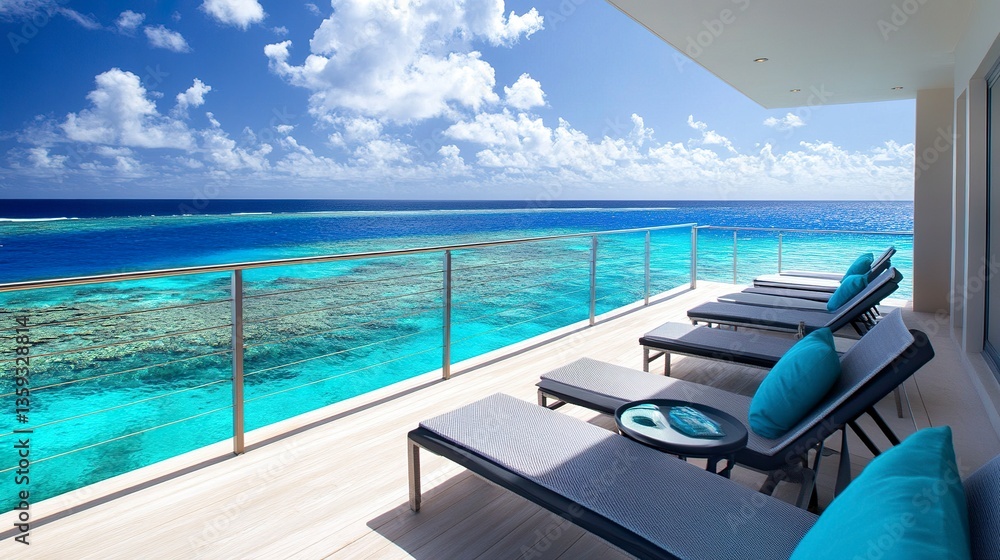 Fototapeta premium A sleek modern balcony overlooking the ocean, lounge chairs facing the horizon, turquoise water glistening under midday sun, soft warm lighting 