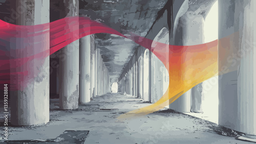 The image shows a long, perspective hallway or corridor within a derelict building.  The space is defined by rows of weathered concrete pillars or columns.  The focus is on vibrant, translucent,