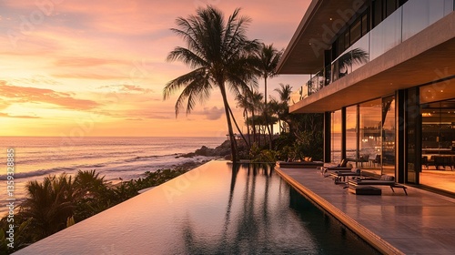 A sleek, modern beachfront mansion with expansive glass walls, infinity pool overlooking the ocean, golden hour lighting, lush palm trees framing the property 