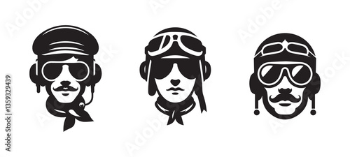 Aviator pilot black vector silhouette logo icon isolated on white background, clip art design