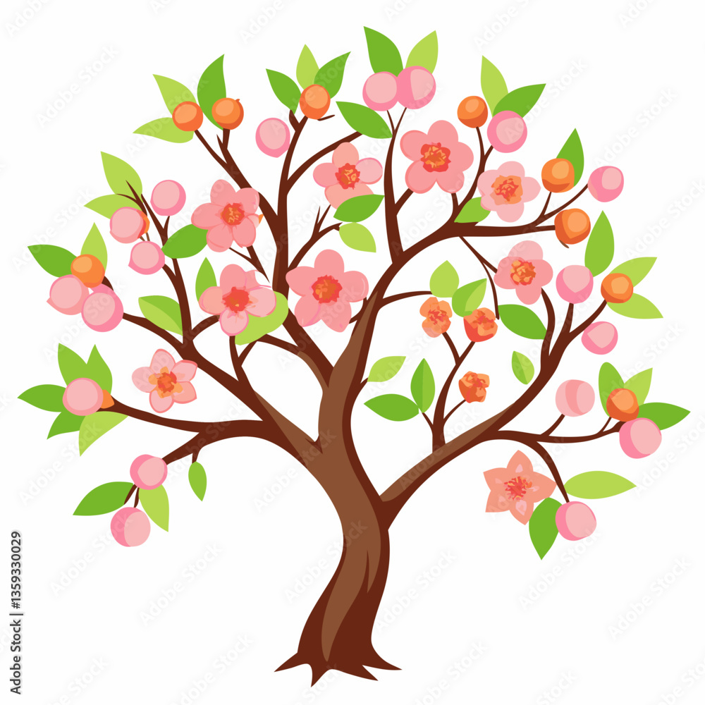 peach tree with delicate pink blossoms and green peach tree with delicate pink blossoms and green