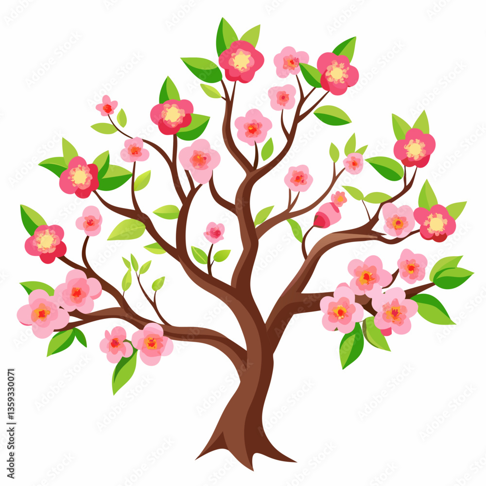 peach tree with delicate pink blossoms and green peach tree with delicate pink blossoms and green