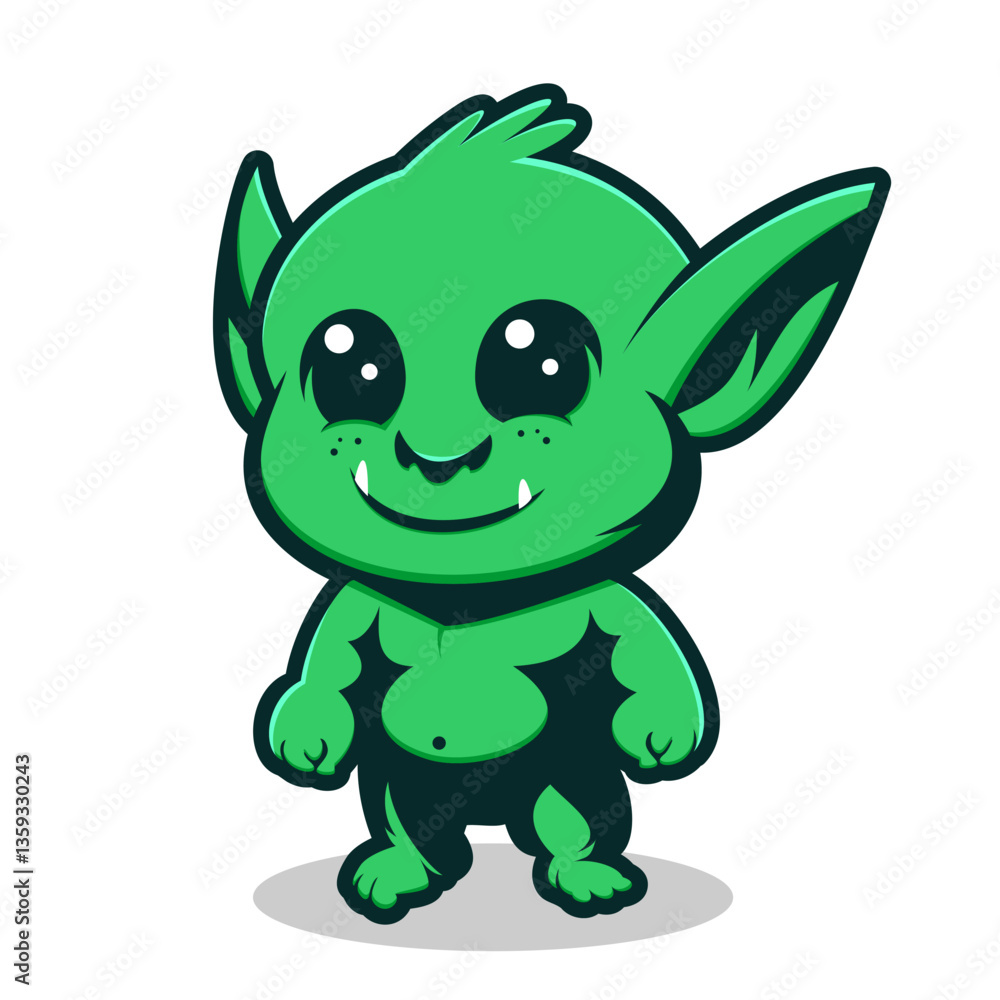 A chibi style green goblin with big eyes, pointy ears, small fangs, and a cheerful smile. Designed with bold outlines and bright colors, perfect for mascots, stickers or kid's designs. A chibi style green goblin with big eyes, pointy ears, small fangs, and a cheerful smile. Designed with bold outlines and bright colors, perfect for mascots, stickers or kid's designs.