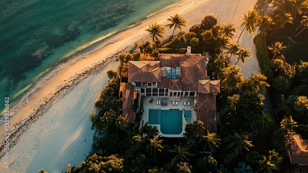Aerial view of a luxurious villa on Marco Island, Gulf of Mexico, white sandy beach and turquoise waters in the background, palm trees framing the property, golden hour lighting
