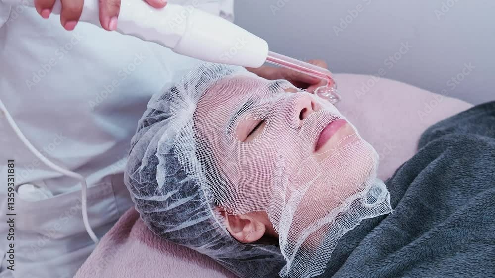 An aesthetician applies a high frequency treatment to a client with a wand. The client wears a gauze on her face. 4K, handheld shot.