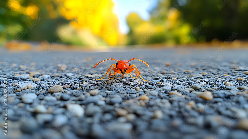 Inquisitive Ant's Journey: An ant, in vibrant focus, makes its way on an asphalt road, capturing the world from a unique perspective, with a blurred background of autumnal trees. Inquisitive Ant's Journey: An ant, in vibrant focus, makes its way on an asphalt road, capturing the world from a unique perspective, with a blurred background of autumnal trees.