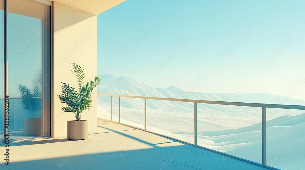 Fototapeta premium Balcony with minimalist design, overlooking vibrant city by the sea, white sands and rolling hills meeting distant mountains,