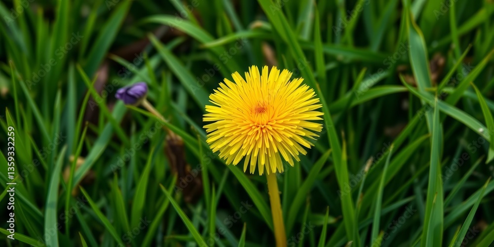 A single, vibrant yellow dandelion blooms amidst lush green grass, dandelion, ecology A single, vibrant yellow dandelion blooms amidst lush green grass, dandelion, ecology