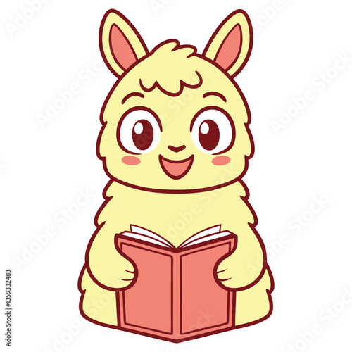 Cute Cartoon Llama Character Holding and Reading a Red Book on White Background