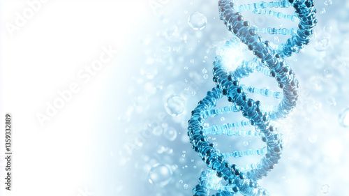 Blue water droplets and a DNA helix on a white background.