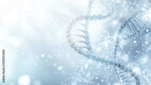 Blue water droplets and a DNA helix on a white background.