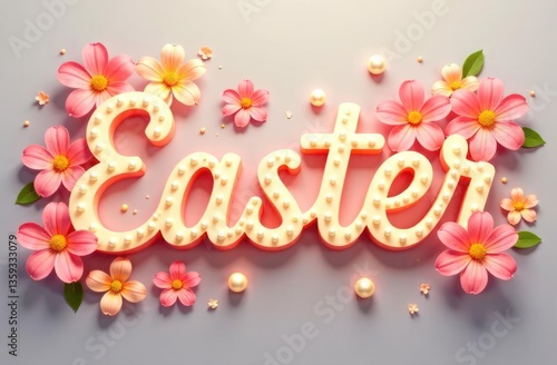 colorful easter letters with floral decor in light blue background