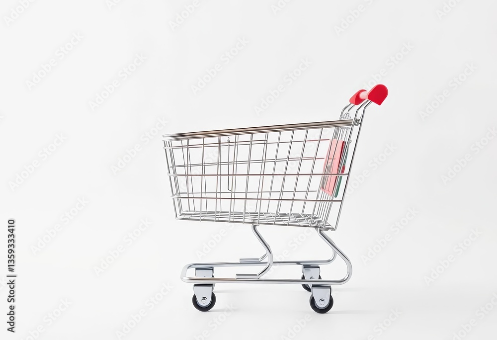 A solitary, empty shopping cart against a pristine white backdrop, photography, grocery A solitary, empty shopping cart against a pristine white backdrop, photography, grocery