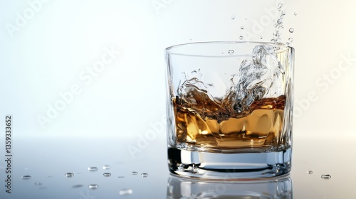 A glass of whiskey with ice is being poured carefully into it