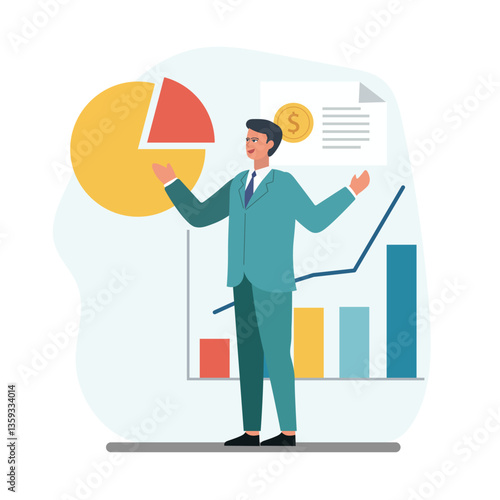 a male businessman explaining business strategy. elements of finance and business. someone explaining strategy and showing graphs