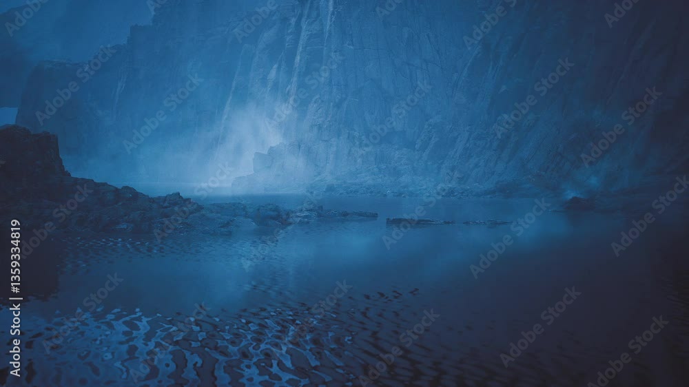 A stunning waterfall flows into a serene lake, surrounded by majestic mountains. The scene is illuminated by a soft blue hue, creating a calm and peaceful atmosphere.