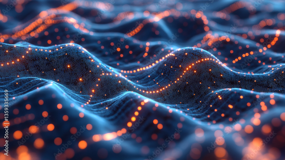 Abstract information stream, flow in big data code field. 3D illustration of a cyber network of neural impulses Abstract information stream, flow in big data code field. 3D illustration of a cyber network of neural impulses