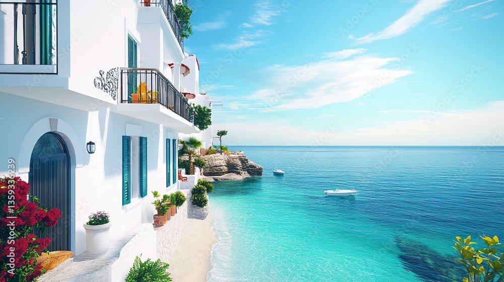 Fototapeta premium Coastal architecture with white facades and colorful accents, beachfront homes overlooking clear turquoise waters 