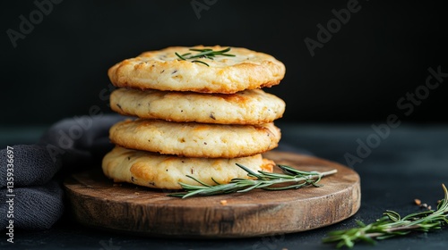 Wallpaper Mural Savory rosemary biscuits stacked on a wooden board against a dark background offering a rustic culinary delight Torontodigital.ca