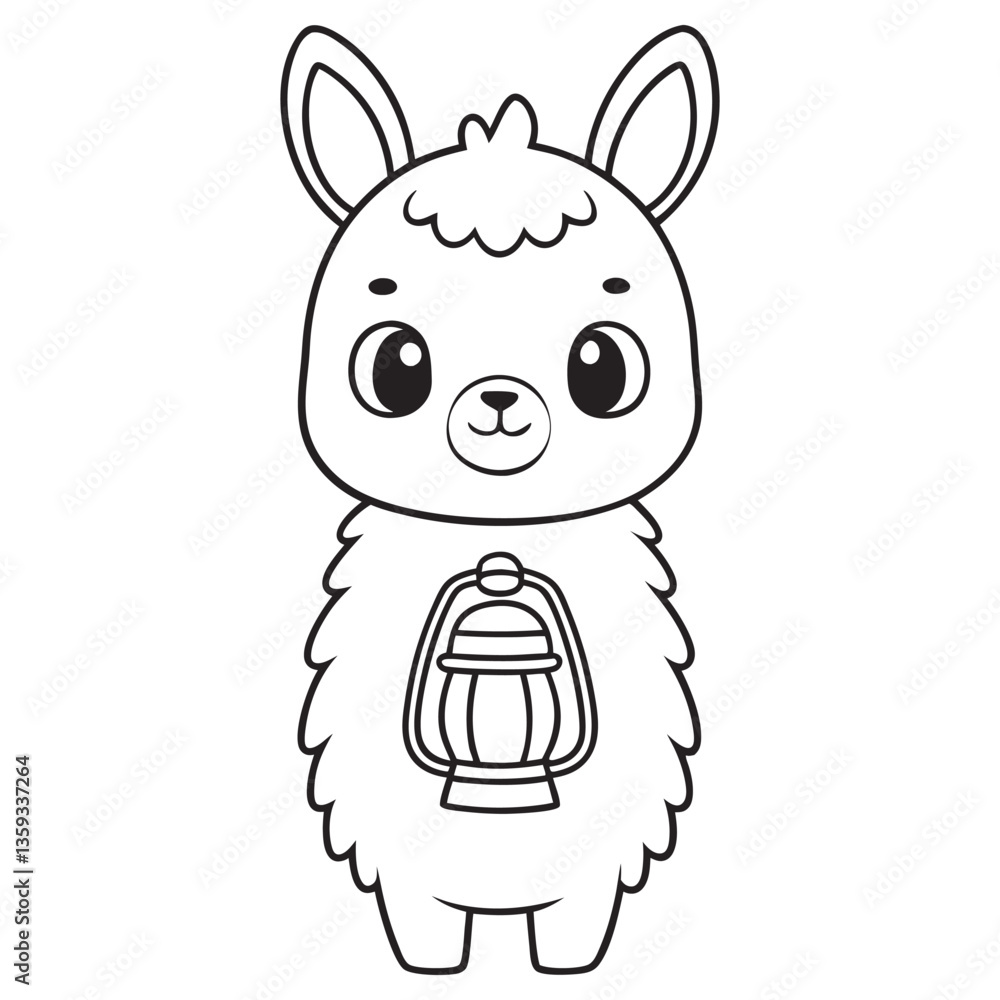 Obraz premium Standing Llama Holding Lantern Coloring Page, Cute Animal Outline, Black and White Art