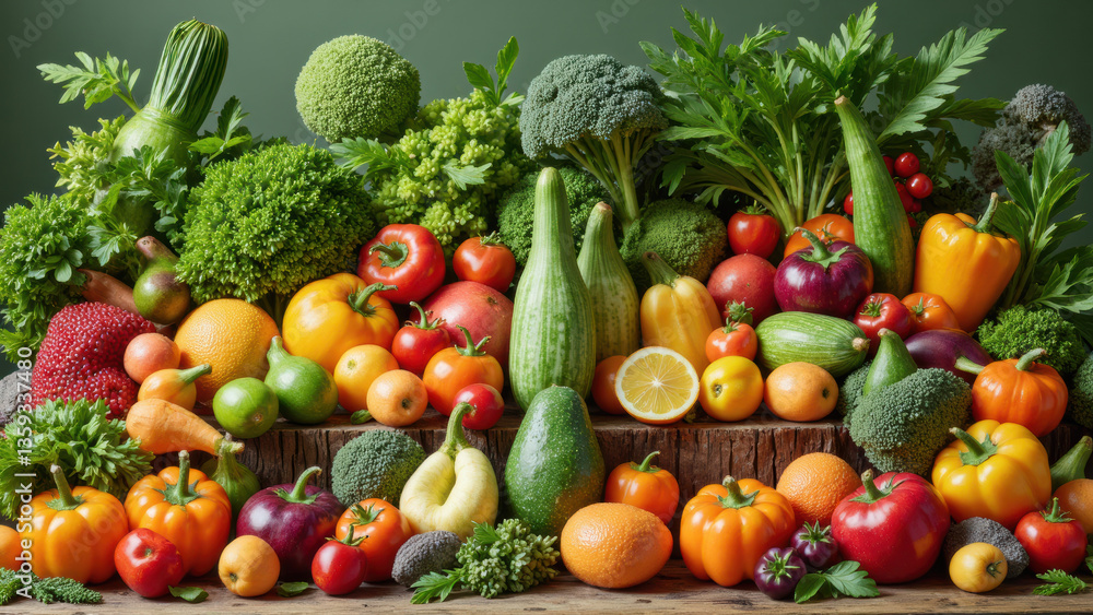 Fresh vegetables and fruits arranged beautifully, showcasing vibrant colors and textures, creating healthy and inviting Fresh vegetables and fruits arranged beautifully, showcasing vibrant colors and textures, creating healthy and inviting