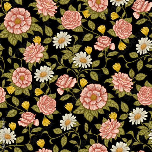 Pink Roses and Daisies with Green Leaves. Seamless Floral Pattern. Vintage Flowers Print on Black Background.