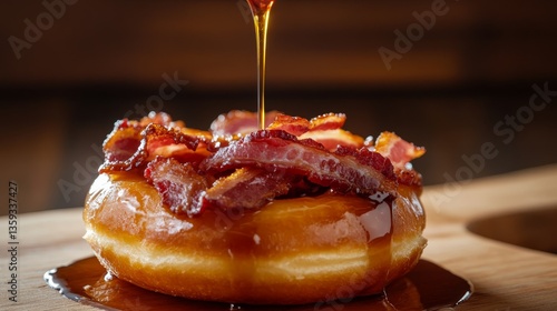 Decadent dessert featuring a glazed donut topped with crispy bacon and drizzled with syrup on a wooden surface