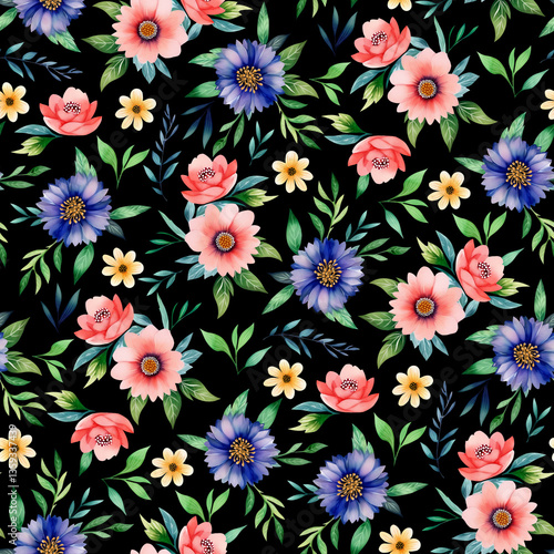 Watercolor Floral Pattern. Seamless Flowers Print. Hand Drawn Colorful Botanical Illustration on Black Background.