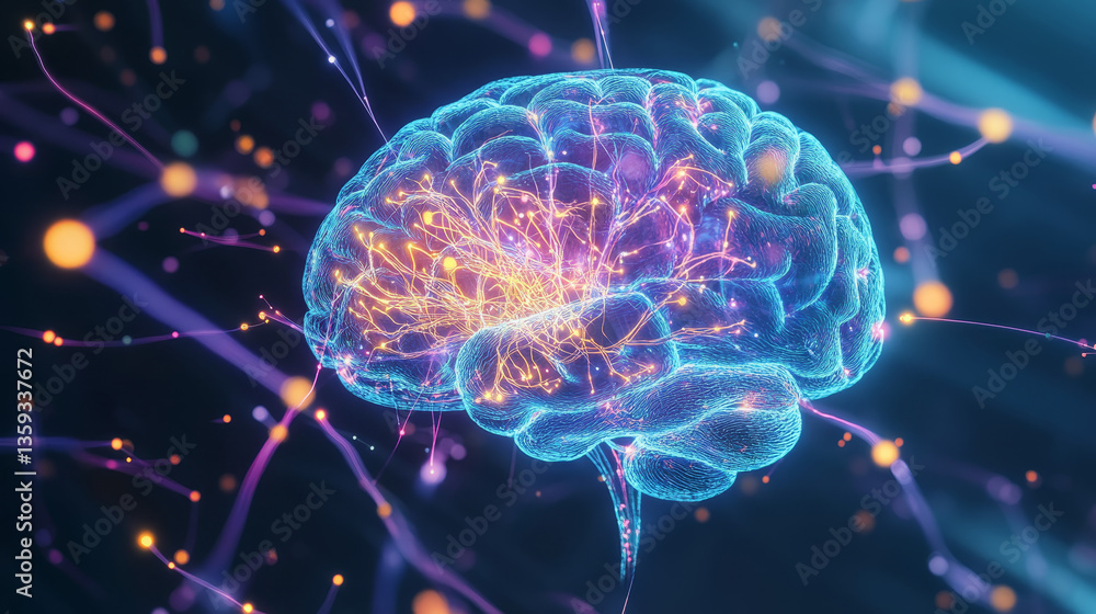 Neural networks of the human brain. 3d illustration of abstract nerve centers. Electrical impulses in brain. Bright full color Neural networks of the human brain. 3d illustration of abstract nerve centers. Electrical impulses in brain. Bright full color
