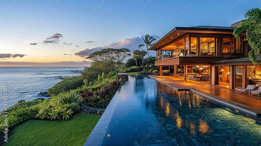 Naklejka premium Coastal luxury property with expansive deck, infinity pool merging with the horizon, lush landscaping, golden light reflecting on glass facade