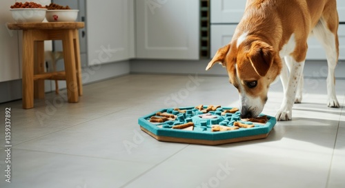 Brown and white dog eating treats from puzzle toy in kitchen