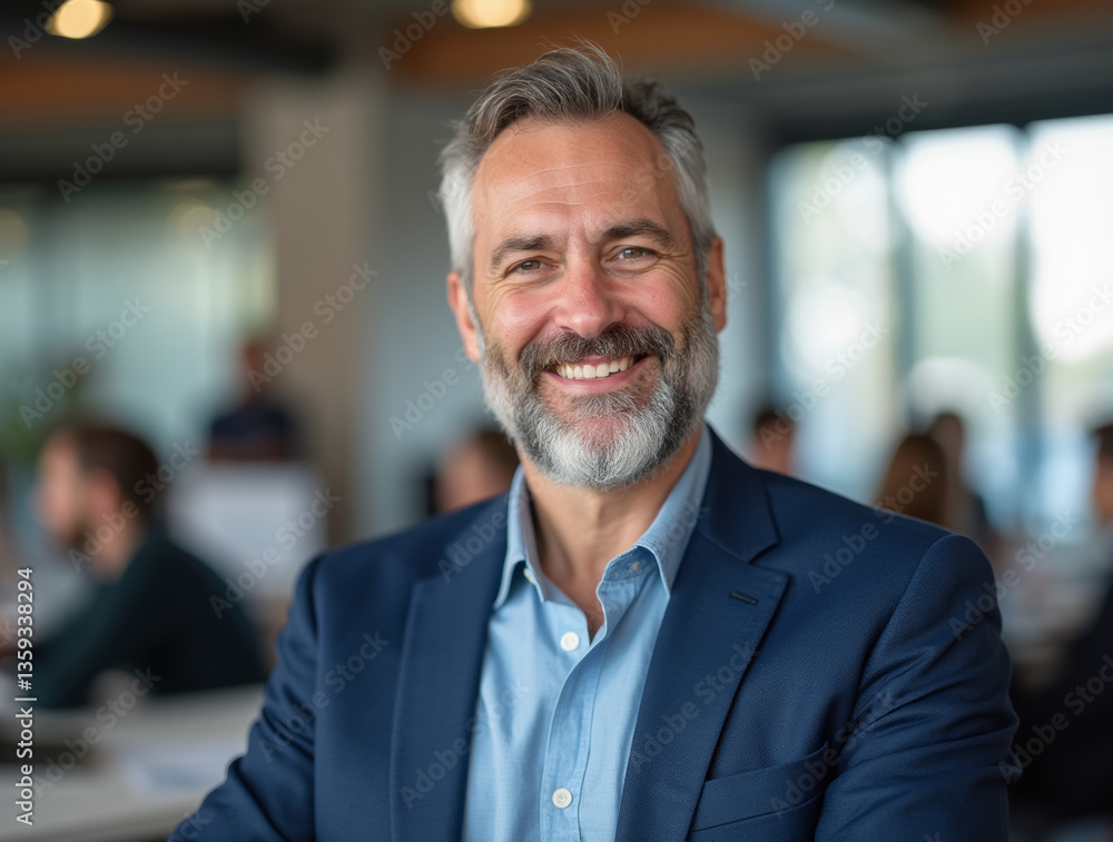 Naklejka premium Confident Senior Businessman Smiling in Open Office Environment – Leadership, Success, and Corporate Professionalism Concept