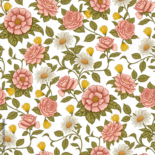 Pink Roses and Daisies with Green Leaves. Seamless Floral Pattern. Vintage Flowers Print on Transparent Background. PNG Digital File