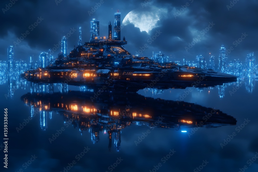 Obraz premium Futuristic spaceship hovering over a reflective water surface in a neon-lit cityscape at night