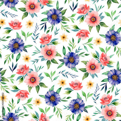 Watercolor Floral Pattern. Seamless Flowers Print. Hand Drawn Colorful Botanical Illustration on Transparent Background. PNG Digital File