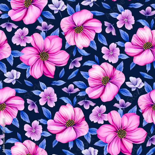 Watercolor Pink Florals Seamless Pattern. Hand Drawn Digital Flowers Illustration.